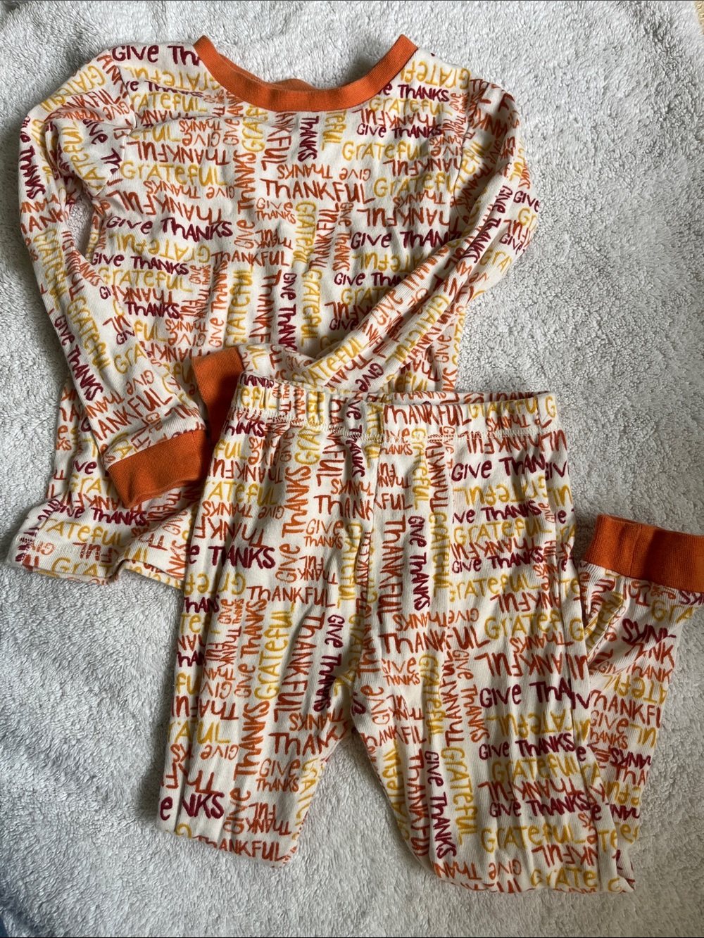 Burt's Bees Cream Kids Pajama Set with Orange and Yellow Thankful Print